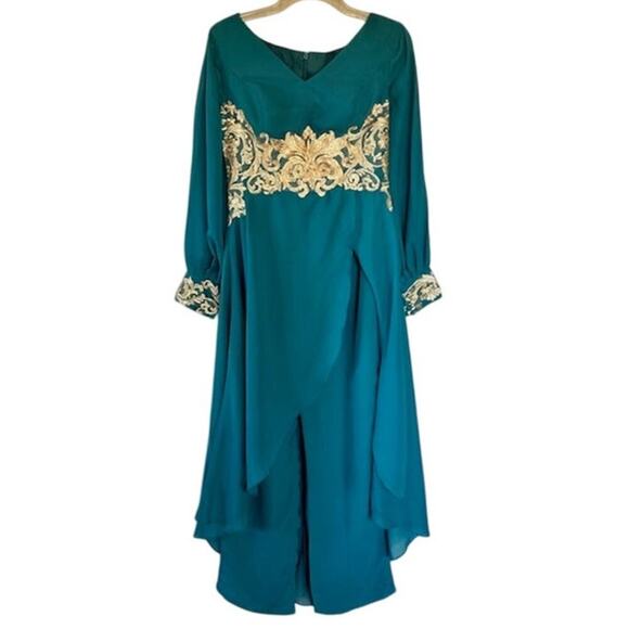 Elegant Teal/Turquoise Jumpsuit with Gold Embroidery Size 8– New Without Tags - Picture 2 of 9